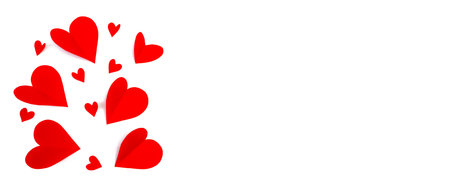 Red paper hearts on a white background. copyspace. postcard. The concept of Valentine's Day. Banner.の写真素材