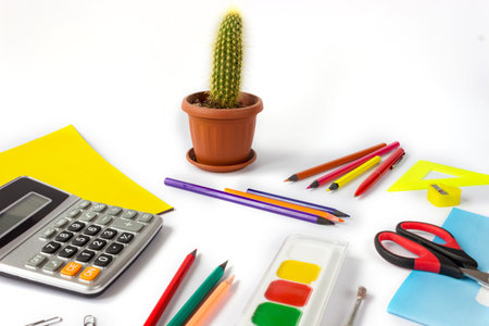 school supplies on a white background. education concept.の写真素材