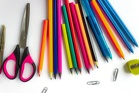 school supplies on a white background. flat lay.の写真素材