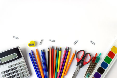 school supplies on a white background. Space for text.の写真素材