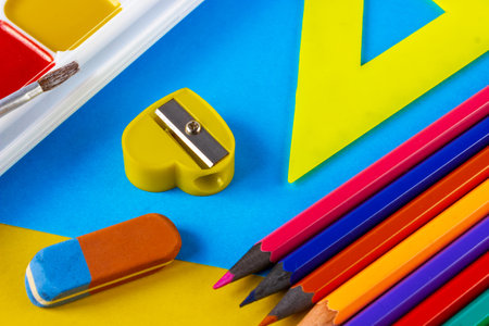 School accessories for painting. flat lay.の写真素材