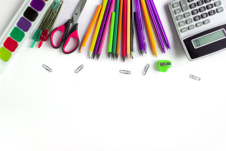 school supplies on a white background. Space for text.の写真素材