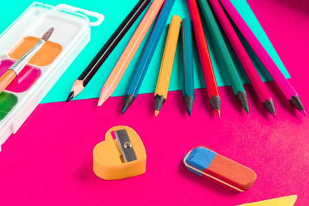 School accessories for painting. flat lay.の写真素材