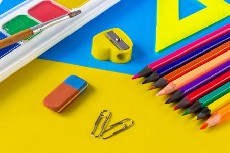 School accessories for painting. flat lay.の写真素材