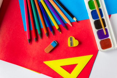 School accessories for painting. flat lay.の写真素材