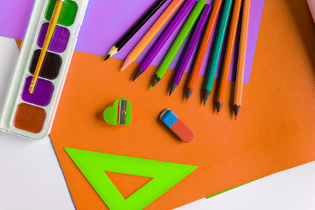 School accessories for painting. flat lay.の写真素材