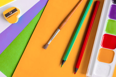 School accessories for painting. flat lay.の写真素材