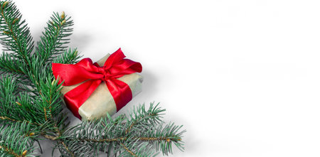Gift boxes with red bows and fir branches on a white background. Banner. copyspace. Christmas and New Year concept.の写真素材