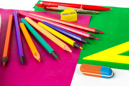 School accessories for painting. flat lay.の写真素材