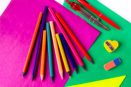 School accessories for painting. flat lay.の写真素材
