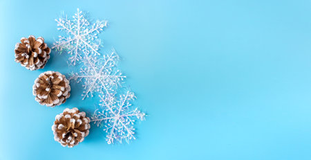 Pine cones with snowflakes on a blue background. banner. postcard. view from above. flat lay. copyspace.の写真素材