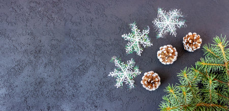 Fir branches with cones and snowflakes on a concrete background. Festive banner, postcard, invitation. New Year and Christmas concept. copyspace.の写真素材