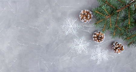 Fir branches with cones and snowflakes on a concrete background. Festive banner, postcard, invitation. New Year and Christmas concept. copyspace.の写真素材