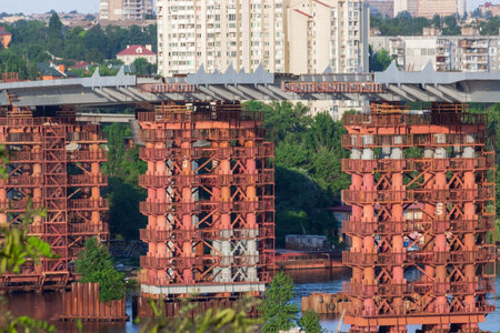 Construction of new bridges across the Dnieper River in Zaporozhye. Ukraine. city landscape.