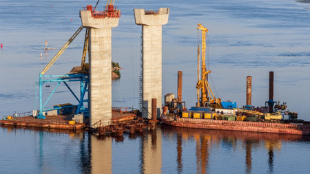 Construction of new bridges across the Dnieper River in Zaporozhye. Ukraine. city landscape.の写真素材