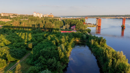 Construction of new bridges across the Dnieper River in Zaporozhye. Ukraine. city landscape.の写真素材