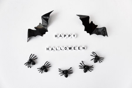 Inscription Happy Halloween. Flatly on a white background. Bats and spiders. holiday card.