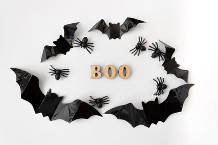Inscription Boo. Flatly on a white background. Bats and spiders. holiday card. Halloween concept.の写真素材
