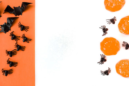 Halloween holiday. Flatly on a white and orange background. Bats and spiders. copyspace.の写真素材
