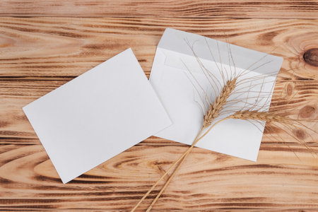 Mock up of an empty envelope on a light wood background. Blank paper template for design. flat lay.の写真素材