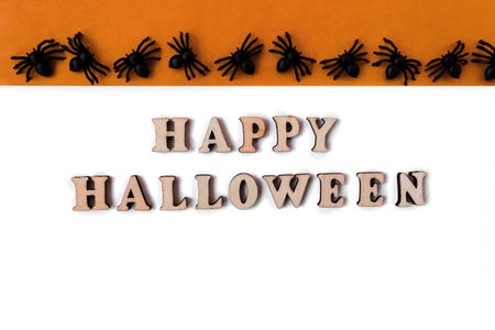 Happy Halloween lettering. Flatly on an orange and white background. copyspace. Spiders in a row.の写真素材