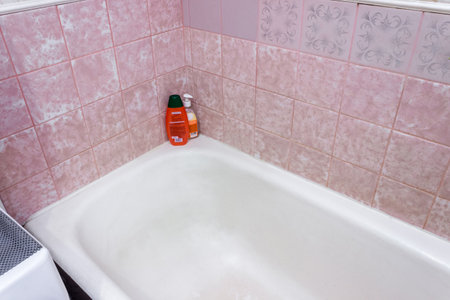 Tiled bathroom with bathtub. retro style. Plumbing.の写真素材