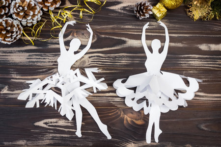 Snowflake ballerina paper. Step by step photo instructions. DIY concept. Children's Christmas and New Year's crafts. final result.の写真素材
