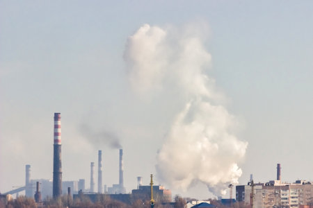 View of the industrial city of Zaporozhye, Ukraine. Smog emissions from chimneys, air pollution. Poor environmental situation. Metallurgical factories.の写真素材