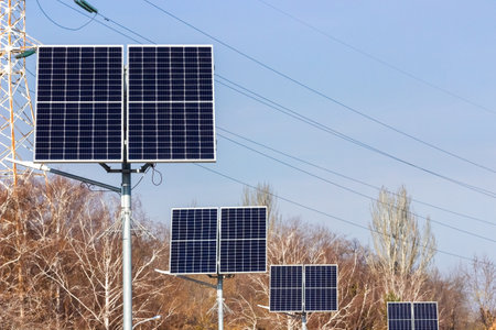 Solar panel against the blue sky. Alternative energy source concept. Zaporozhye, Ukraine.の写真素材