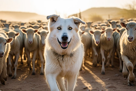 Shepherd dog guarding and leading the sheep flock.の素材