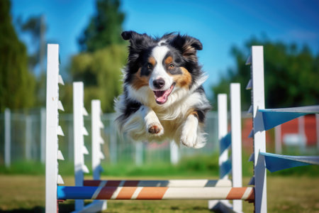 Border Collie dog jumps over the barrier in agility competitions.の素材