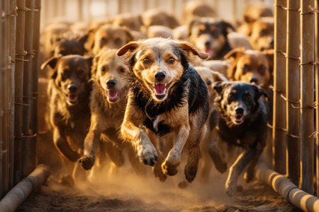 Pack of hound dogs in professional competitions.の素材