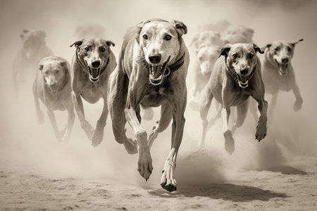 Running pack of hounds in sepia.の素材