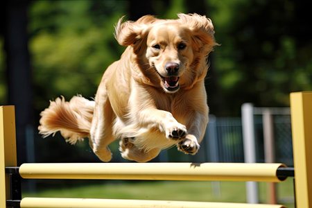 Golden Retriever dog jumps barrier in agility competitions.の素材