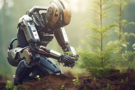 Science and nature unite: the robotic farmer caring for plants.の素材