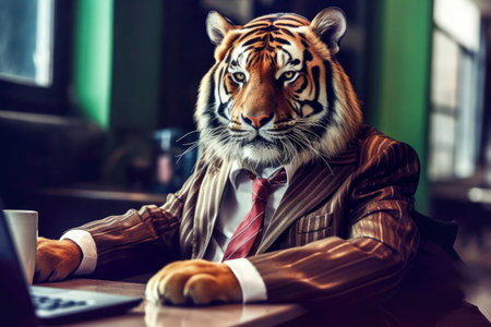 Leo in a business suit works in the office at the computer. The concept of a strict boss.の素材