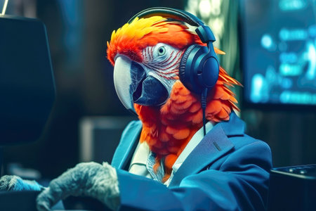 Macaw parrot in headphones and office suit in the office. Trust service concept.の素材
