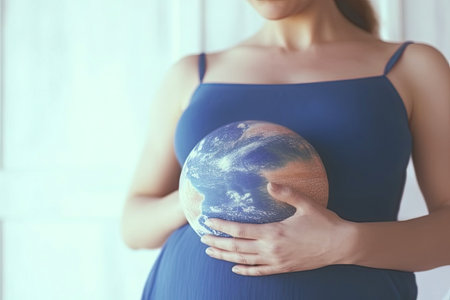 Pregnant woman with a globe in her hands. The concept of growing life on Earth.の素材