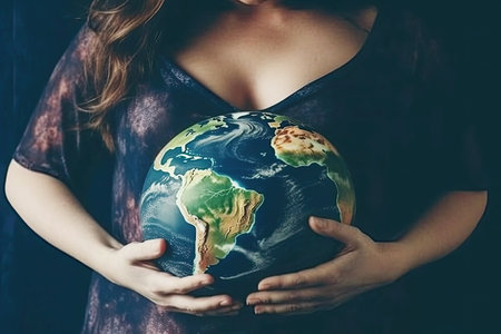 Pregnant woman with a globe in her hands. The concept of a sustainable future.の素材