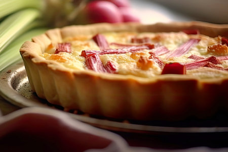 Tart with rhubarb and cheese close-up.の素材