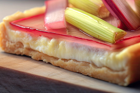 Tart with rhubarb and cheese close-up.の素材