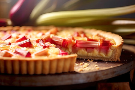 Tart with rhubarb and cheese close-up.の素材