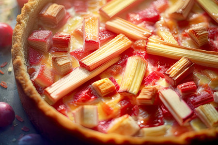 Pie with rhubarb and cheese close-up.の素材