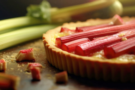 Tart with rhubarb and cheese close-up.の素材