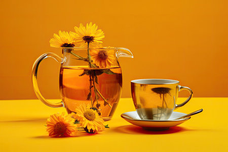 Tea and calendula flowers in a glass jug on a yellow background. herbal medicineの素材