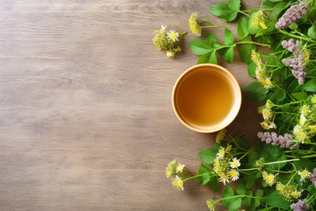 Herbal medicinal tea in a cup on a wooden backgroundの素材