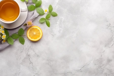A cup of lemon tea on a marble surface. copy spaceの素材