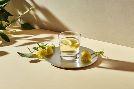 Herbal tea with lemon in a glass glass, hard lighting, minimalismの素材