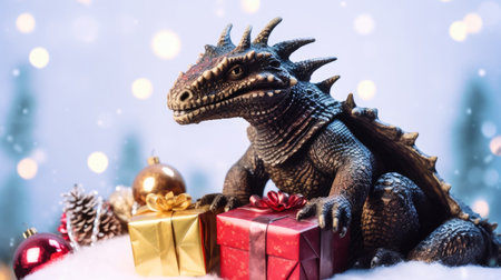 Representing both New Year and Christmas, a dragon with a gift box encapsulates the holiday shopping experience and the idea of sales.の素材