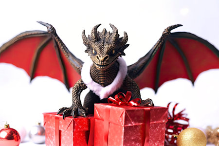The dragon, with a gift on a white background, symbolizes both the New Year and Christmas. holiday shopping.の素材